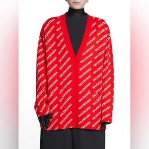 Balenciaga 1 S M Red Cardigan Mini Logo Allover Print Knit Sweater Off White